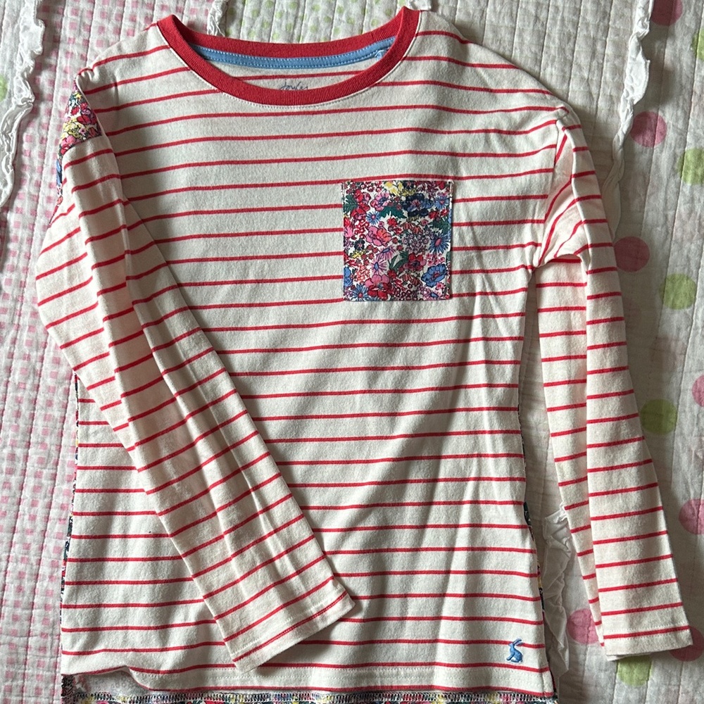 Joules Coral and White Striped Kids Long Sleeve Tee